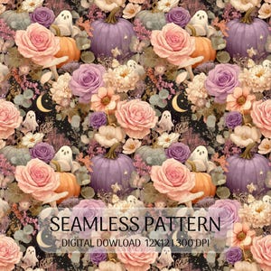 May include: A seamless pattern featuring purple and orange pumpkins, pink and purple roses, white ghost figures, and golden crescent moons on a black background. The image includes the text SEAMLESS PATTERN DIGITAL DOWLOAD 12X12 300 DPI.