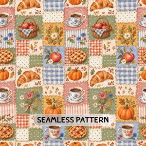 Autumn Patchwork Seamless Pattern, Harvest Breakfast Digital Paper, Pumpkin Gingham Quilt JPG