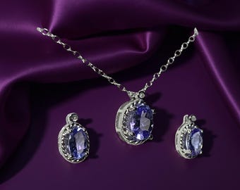 Natural Tanzanite Necklace and Earrings Set: Sterling Silver December Birthstone Jewelry