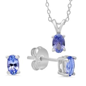 Ovalt Tanzanit Halsband och Örhängen Set: Sterling Silver December Födelsesten Smycken