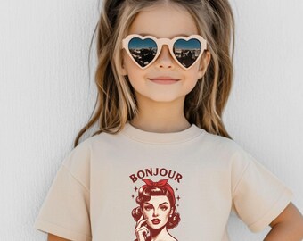 Bonjour Witches Kids Halloween Shirt, Vintage Witch Graphic Tee For Girls, Retro Pin Up Costume Top, Cute Witchy Gift Spooky Season Kids Tee