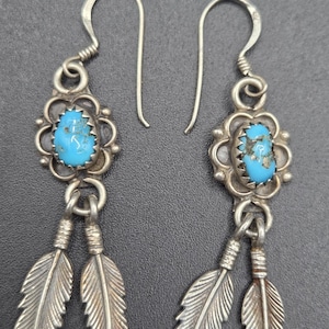 Vintage Sterling Silver Turquoise Dangle Feather Earrings.