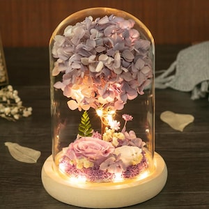 Konservierte Lavendel Blüte mit LED Lichtern – 17 cm x 12 cm Glas Cloche – Hortensien & Rosen Nacht Licht + individuelle Grußkarte
