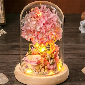 Roze bloemenfeekoepel met led-verlichting – hortensia en rozen met sprookjesfiguur – romantisch nachtlampje + aangepaste wenskaart