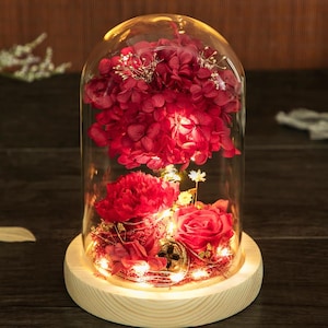 Red Preserved Rose and Hydrangea Flower Tree in Glass Dome – LED Light Gift for Anniversary, Valentine&#39;s Day, or Romantic Decor