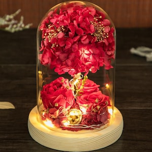 Red Preserved Rose and Hydrangea Flower Tree in Glass Dome – LED Light Gift for Anniversary, Valentine&#39;s Day, or Romantic Decor