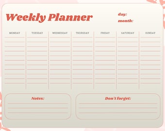 Moderne weekplanner | Afdrukbare digitale download | Minimalistisch productiviteitsschema-organizer (pdf)