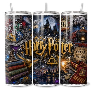 May include: A cylindrical tumbler featuring a colorful graphic print of Harry Potter imagery, including the Hogwarts crest, a castle, the Hogwarts Express train, a stack of books, a scarf, and the text Harry Potter, 9 3/4, and I solemnly swear that I am up to no good.