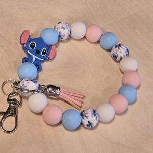 Blue Alien Wristlet Bracelet, Silicone Bead Keychain