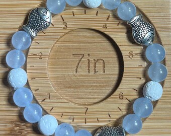 Ocean-Inspired Blue Opalite & White Lava Stone Bracelet – Handmade Stretch Bracelet with Silver Fish Beads