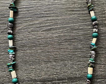 Boho Tribal-Inspired Handmade Necklace – Turquoise, Bone, Lava Stone & Elephant Silver Accents