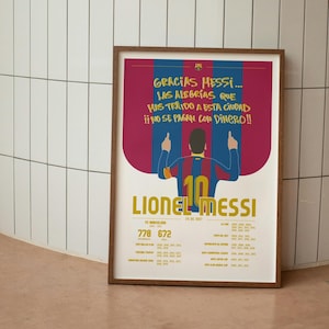 May include: A framed poster featuring a stylized illustration of Lionel Messi in a Barcelona jersey. The poster includes text in Spanish, celebrating Messi's contributions, along with his name, number 10, and career statistics.
