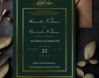 Minimalistische Hochzeitseinladungsvorlage, Smaragdgrün und Gold Baraat, Walimah, Nikah Islamische Shaadi Floral Digitale Vorlage, Nach Maß