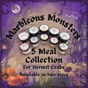 May include: A collection of ten small jars containing food for hermit crabs, labeled with names like Shark Fright Feast, Trick or Trout, Creepy Crawly Crunch, and Haunted Harvest Blend, arranged against a purple background with Halloween imagery.