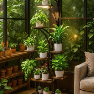 May include: A multi-tiered plant stand with various potted plants. The stand is made of dark wood and black metal, with a built-in light. The plants are in white pots, and the background features a large window with lush greenery.