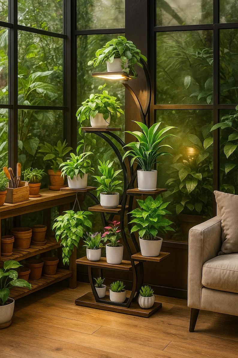 May include: A multi-tiered plant stand with various potted plants. The stand is made of dark wood and black metal, with a built-in light. The plants are in white pots, and the background features a large window with lush greenery.