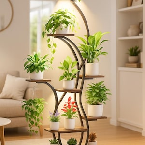 May include: A tall, multi-tiered plant stand with a dark metal frame and wooden shelves. The stand holds various potted plants with green foliage and colorful flowers. A built-in light illuminates the plants, creating a decorative display.