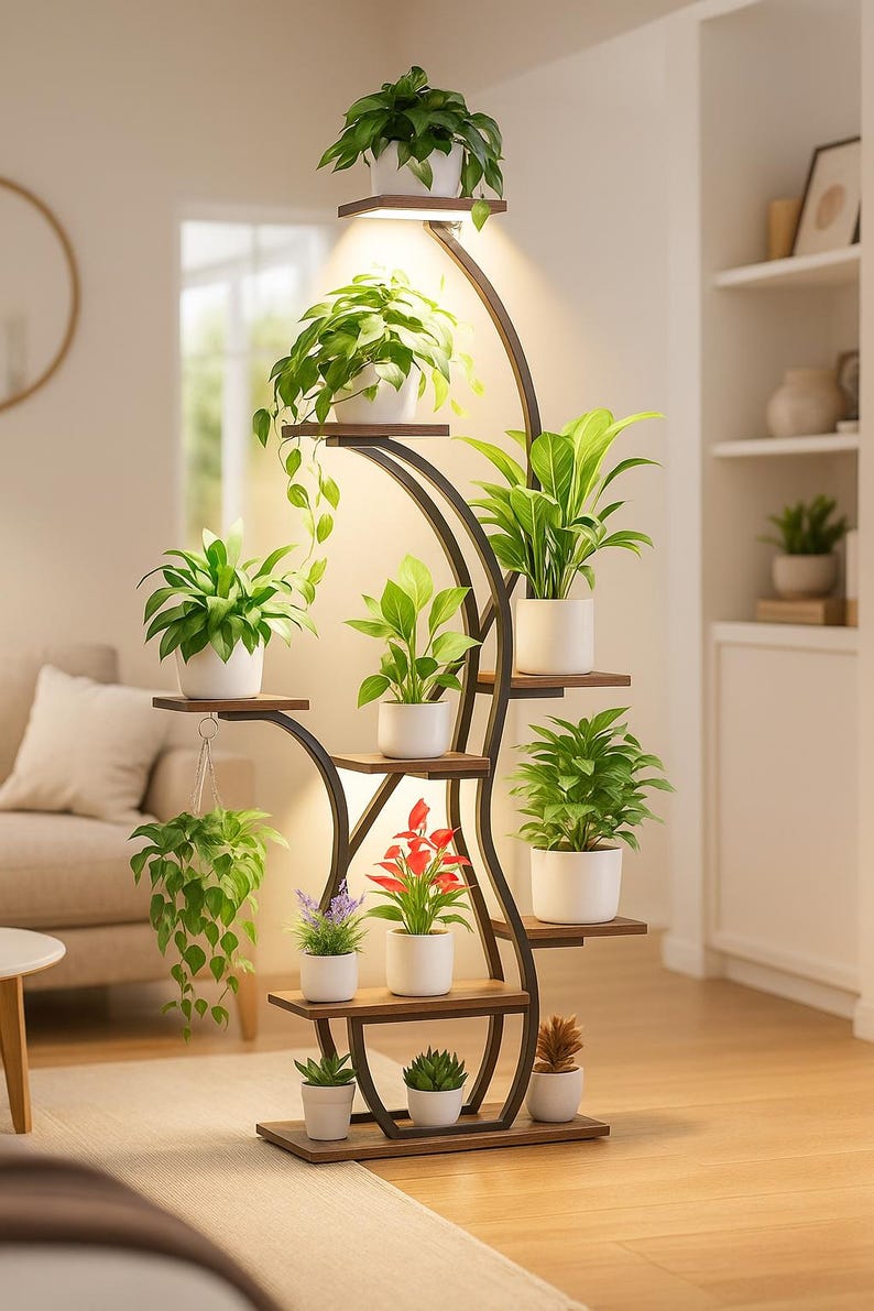 May include: A tall, multi-tiered plant stand with a dark metal frame and wooden shelves. The stand holds various potted plants with green foliage and colorful flowers. A built-in light illuminates the plants, creating a decorative display.
