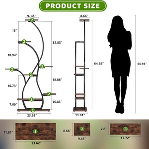 May include: A black metal and wood plant stand with multiple shelves. The stand has a curved design with shelves at various heights, and a rectangular base. The dimensions are shown in inches.