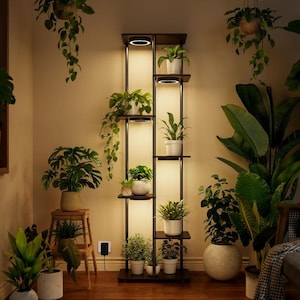 May include: A tall, dark brown plant stand with multiple shelves, each holding potted plants. The stand has built-in lights, illuminating the plants and creating a warm ambiance. Various other potted plants are placed around the room, creating a lush, indoor garden.