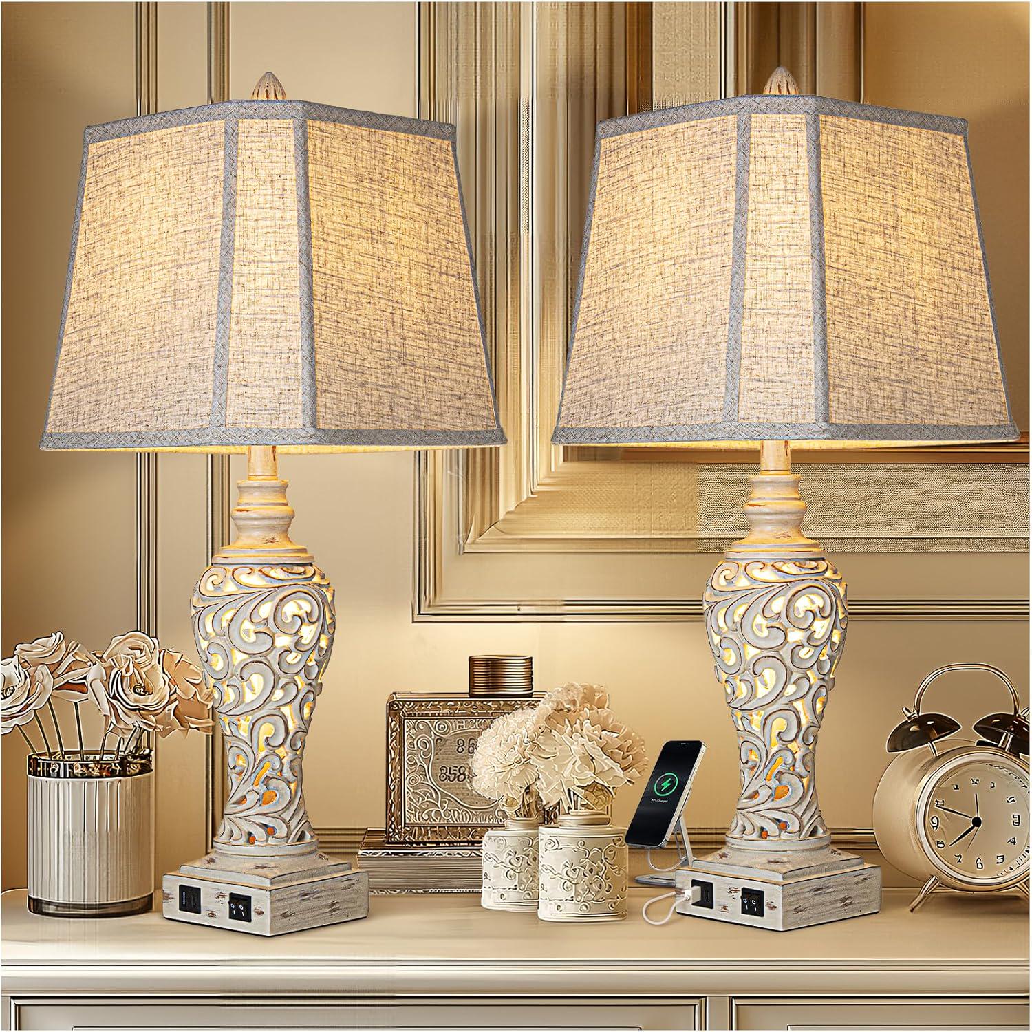 Pair of Bedside Table Lamps With USB, Nightlight and Fabric Shades - Etsy