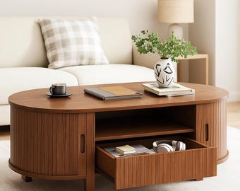 Oval Coffee Table with Storage – 47.2 Inch Mid-Century Modern Center Table Walnut Color