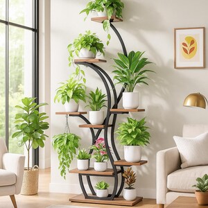 May include: A tall, black metal and wood plant stand with multiple shelves, each holding a white pot with a variety of green plants. The stand has a curved design and is placed in a well-lit living room.