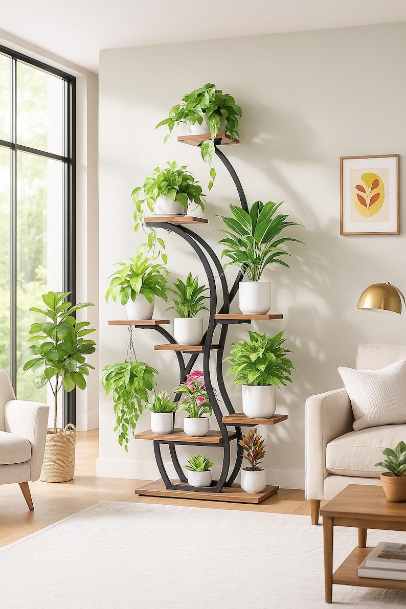 May include: A tall, black metal and wood plant stand with multiple shelves, each holding a white pot with a variety of green plants. The stand has a curved design and is placed in a well-lit living room.