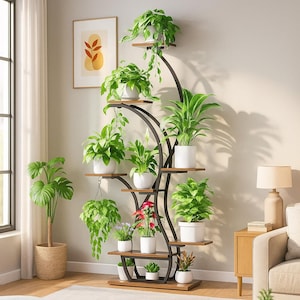 May include: A multi-tiered plant stand with a black metal frame and wooden shelves. The stand displays various potted plants with green foliage and colorful flowers. The stand is in a well-lit room with a neutral color palette.