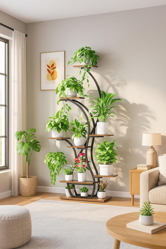 8-Tier Plant Stand with Grow Lights: Black Metal & Wood Corner Shelf