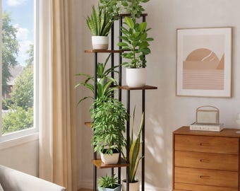 Tall 6-Tier Metal Wood Plant Stand, Corner Display Shelf, Modern Indoor Decor