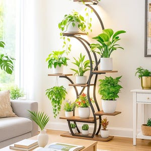 May include: A tall, black metal and wood plant stand with multiple shelves, each holding potted green plants. The stand has a curved design with built-in lights, creating a modern and stylish display for indoor plants. The plants vary in size and type.
