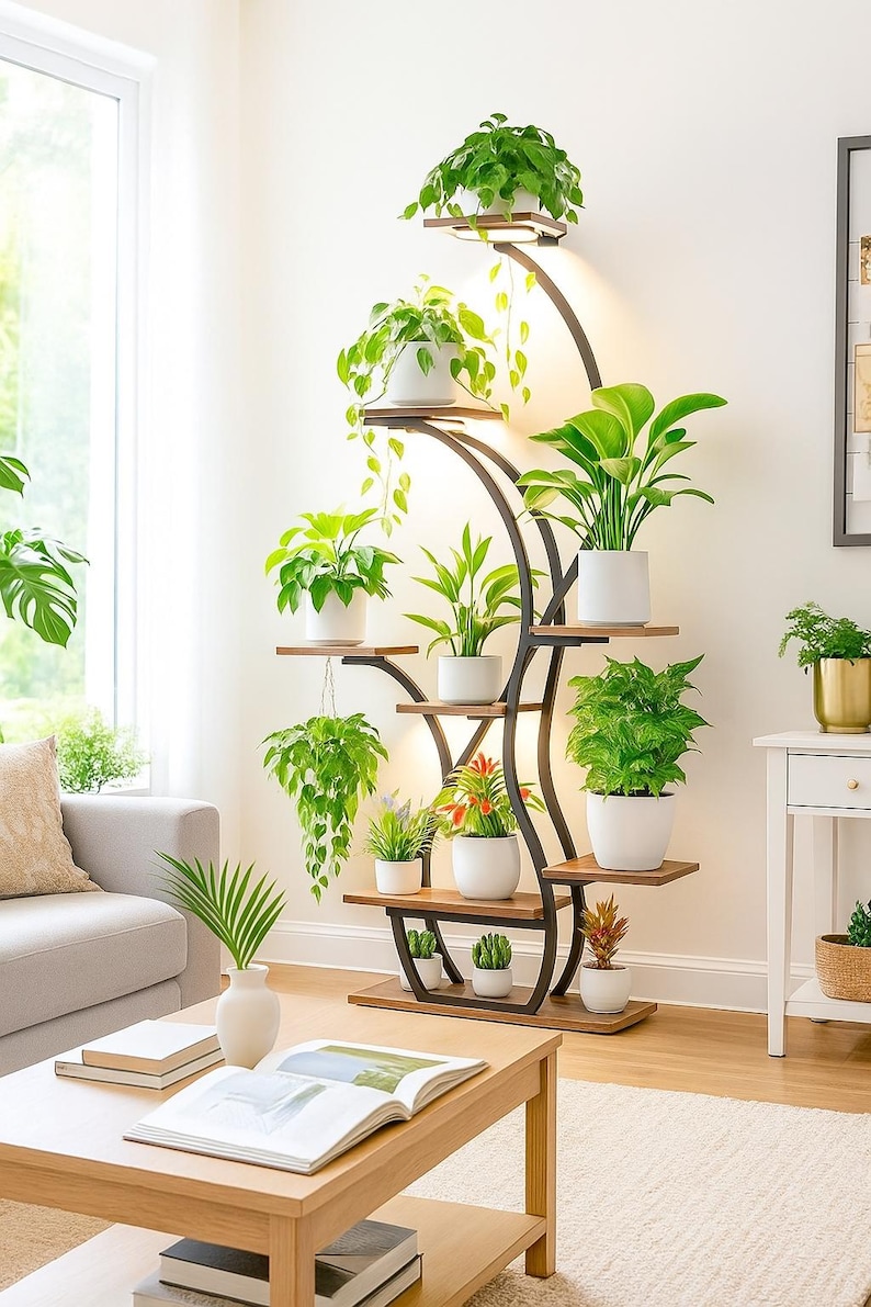 May include: A tall, black metal and wood plant stand with multiple shelves, each holding potted green plants. The stand has a curved design with built-in lights, creating a modern and stylish display for indoor plants. The plants vary in size and type.