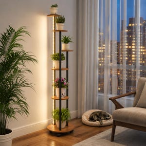May include: A tall, vertical plant stand featuring a black metal frame and circular wooden shelves. The structure includes an integrated LED light strip running along the side, holding multiple potted plants at varying heights on six tiers.