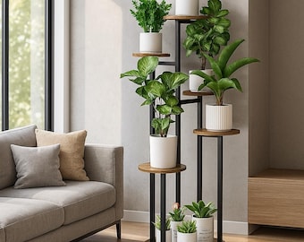 6-Tier Corner Plant Stand: Metal & Wood Shelf, Holds 9 Pots