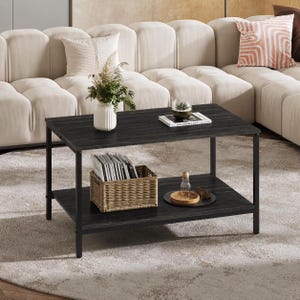 Charcoal Black Coffee Table, 2 Tier Industrial Center Table with Storage Shelf