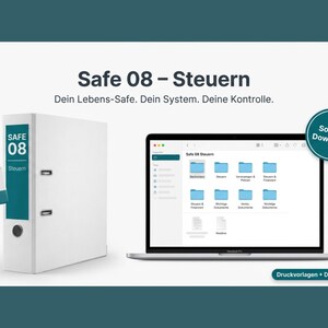 May include: A white binder labelled "SAFE 08 - Steuern" with a teal accent, a ZIP file icon, and a laptop displaying file folders. The text reads "Dein Lebens-Safe. Dein System. Deine Kontrolle." and "Sofort-Download."
