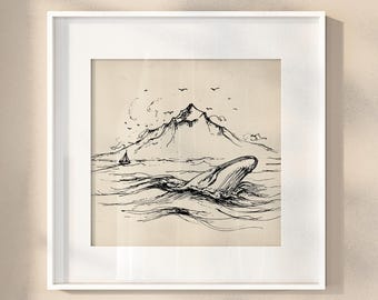 Dibujo de ballena a tinta: Arte mural náutico cottagecore (descarga digital)