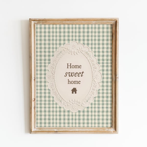 Home Sweet Home Wall Art Print: Vintage Cottage Decor, Green Gingham Kitchen Print, Farmhouse Wall Art, Cozy Home Sign (Digital Download)