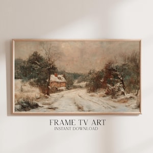 May include: A framed landscape painting depicts a snow-covered road leading to a small cottage. The artwork features muted tones of brown, gray, and white, with trees lining the road. The text "FRAME TV ART" and "INSTANT DOWNLOAD" are at the bottom.
