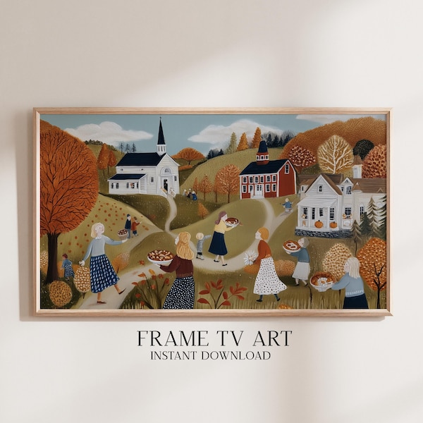 Thanksgiving Village Gathering Frame TV Art: Cozy Folk Art Autumn Illustration for Frame TV Display (Digital Download) - TV.56