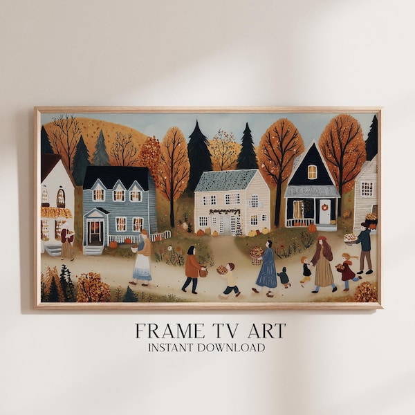 Thanksgiving in the Village Frame TV Art: Cozy Folk Art Autumn Illustration for Frame TV Display (Digital Download) - TV.57