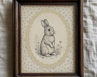 May include: A framed pencil drawing of a rabbit. The artwork features a detailed illustration of a rabbit standing amidst small flowers and grass, set against a backdrop of a floral pattern. The frame is a dark brown color.
