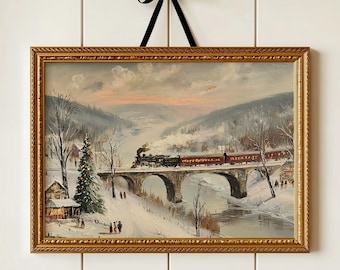 Christmas Train Over the Bridge Art Print: Nostalgic Winter Landscape, Classic Holiday Wall Decor (Digital Download PRINTABLE)