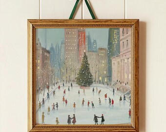 Weihnachten Schlittschuhlaufen in der Stadt Kunstdruck: Klassisches Gemälde für Winterdekoration (Digitaler Download DRUCKBAR)
