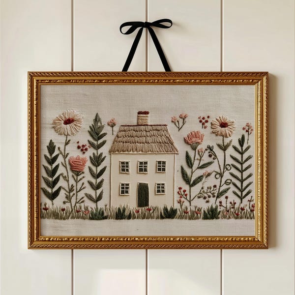 Faux-Embroidery Cottage Print: Whimsical Floral House Illustration (Digital Download)