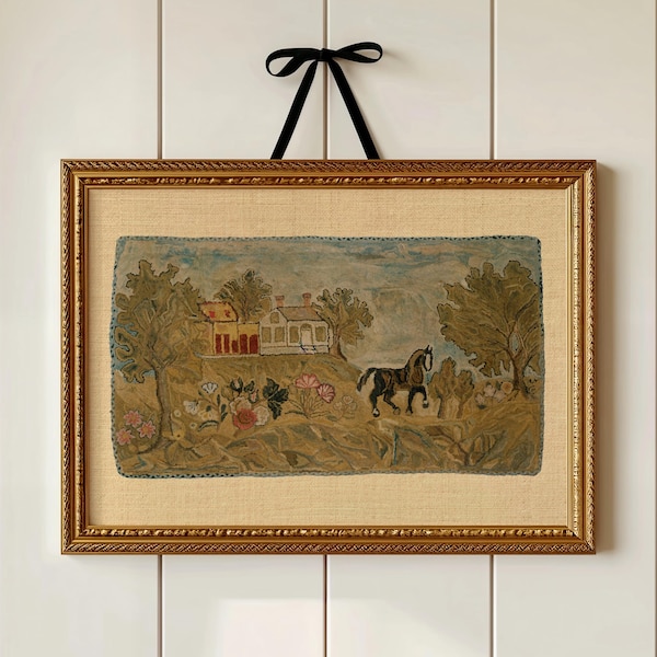 Farmhouse Horse & Cottage Art Print: Vintage Hooked Rug Style (Digital Download)