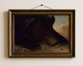 Vintage Bear and Mouse Art Print: Antique Wildlife Wall Art, Rustic Cabin Nursery Decor, Dark Academia Animal Painting (Digital Download)