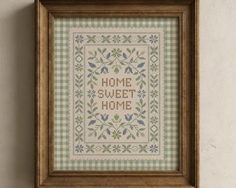 Quadro decorativo "Lar Doce Lar": Arte de parede estilo casa de campo com estampa xadrez verde, decoração para cozinha rústica (Download Digital)