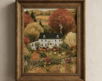 May include: A framed painting depicting a light blue two-story house with a dark roof, surrounded by autumn trees, pumpkins, and chickens in a yard. The scene includes a wooden fence, a stone wall, and rolling hills in the background under a soft sky.